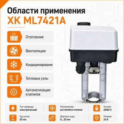 Электропривод для линейных клапанов 0/2..10 =0/4..20мА 2000N 24V 20мм XK ML7421A